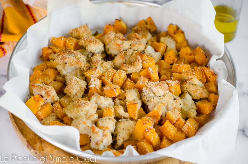 Tiras de pollo con calabaza al horno