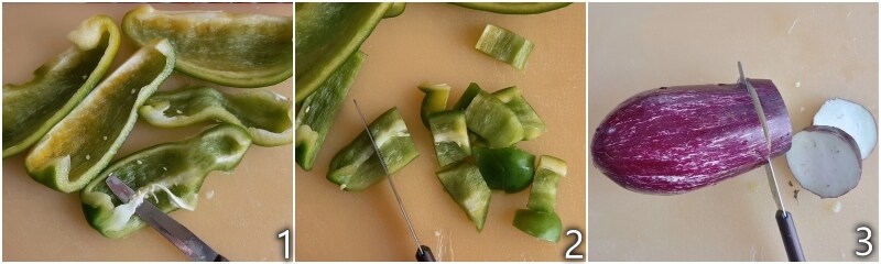 a. cortar berenjenas y pimientos en cubos