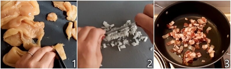 a. cortar el pollo en trozos y picar la cebolla