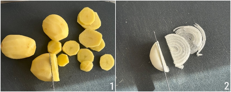 a. cortar las patatas en rodajas no demasiado finas para las patatas a la trapanesa