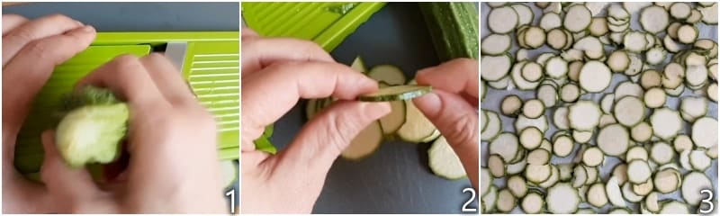 a. cortar los calabacines en rodajas no demasiado finas para cocinarlos en sartén a la apuliana