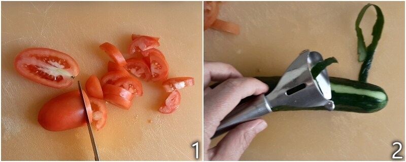 a. cortar los tomates para la ensalada de feta griega