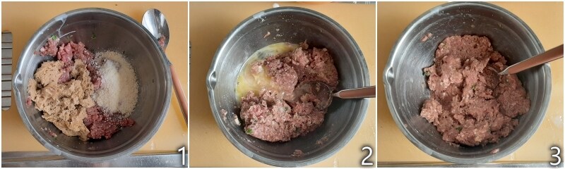 a. mezclar la carne picada con parmesano y miga de pan
