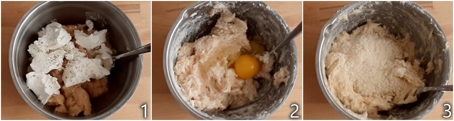 a. mezclar pollo picado con ricotta huevos y parmesano