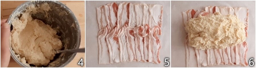 b. colocar el rollo de pollo sobre las lonchas de bacon