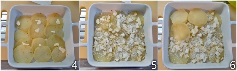 b. condimentar las patatas en rodajas con fontina y parmesano