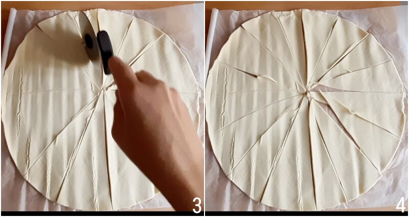 b. cortar el hojaldre redondo para hacer los mini croissants salados