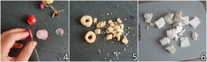 b. cortar feta y rábanos para la ensalada de feta y judías verdes