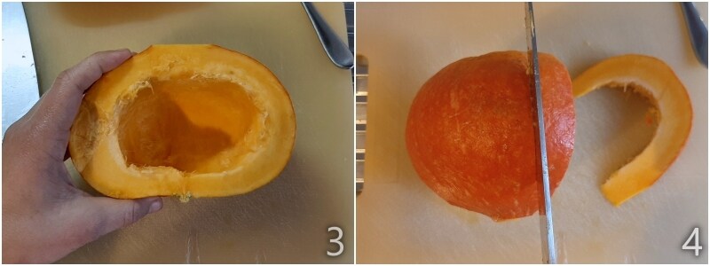 b. cortar la calabaza hokkaido en rodajas no demasiado finas