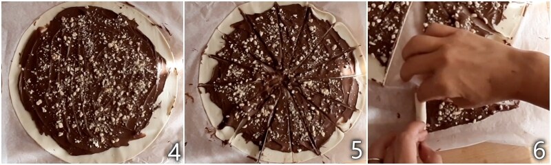 b. cortar la masa de hojaldre con Nutella en 16 partes