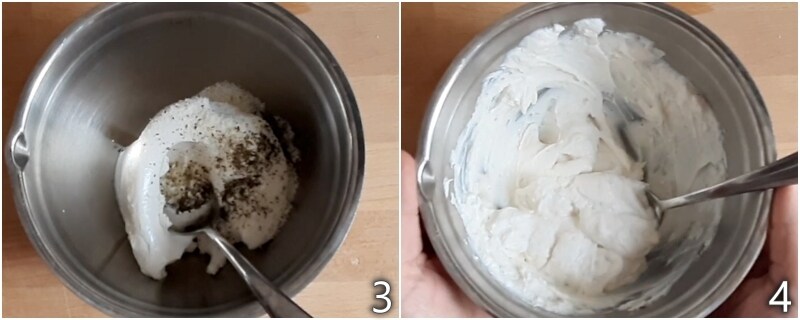 b. preparar la crema de ricotta y pecorino