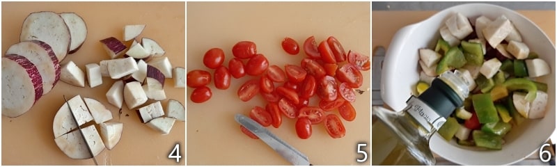 b. sazonar berenjenas pimientos y tomates