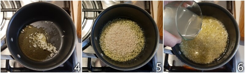 b. tostar el arroz y desglasarlo con el caldo