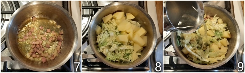 c. añadir patatas y col crudas