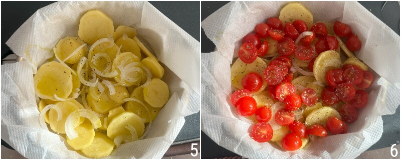 c. colocar las patatas en la bandeja y añadir tomatitos y cebolla