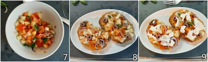 c. condimentar las friselle con verduras, aceitunas y burrata