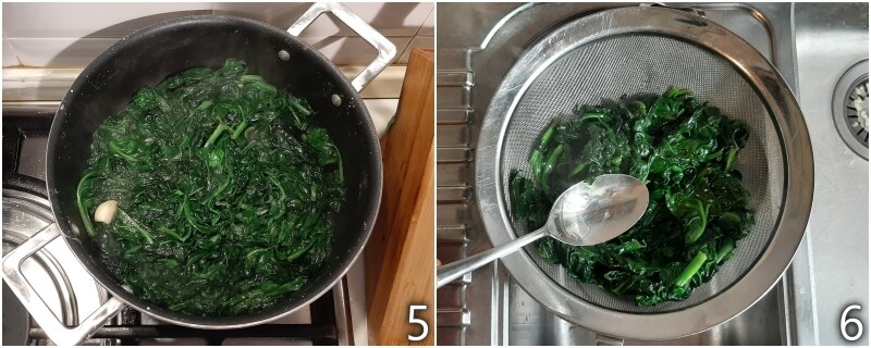 c. escurrir y apretar las espinacas para eliminar el agua de cocción