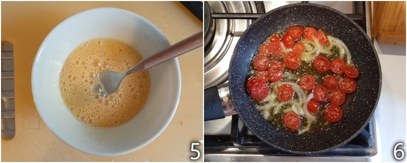 c. hacer marchitar en la sartén los tomatitos y la cebolla