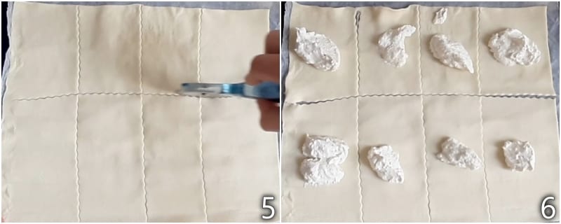 c. rellenar el hojaldre rectangular con el queso para untar