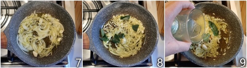 c. sofreír cebolla, salvia y vino blanco para el escabeche