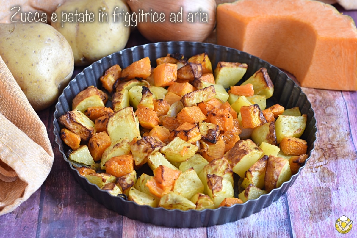 Calabaza y patatas en freidora de aire