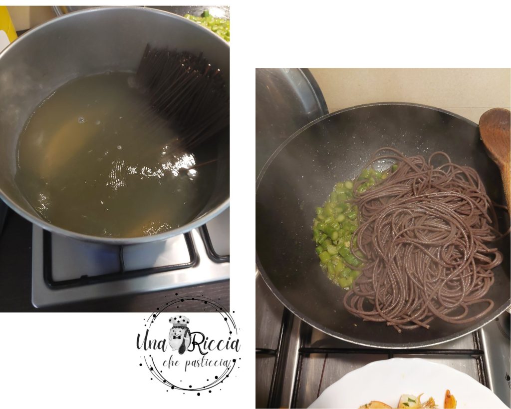cocción-pasta-venere-espárragos-langostinos