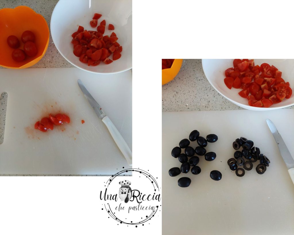 corte ingredientes Ensalada de espelta tomatitos maíz aceitunas