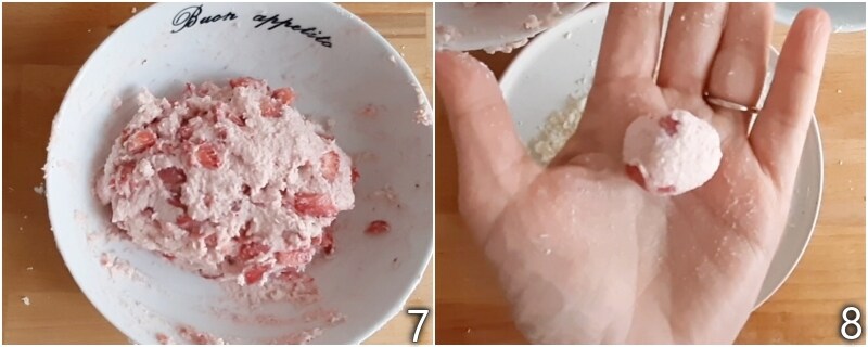 d. formar las bolitas de coco y fresa sin cocción