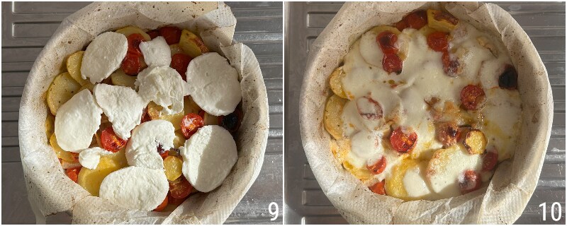 e. añadir la mozzarella a las patatas a la trapanesa y hacerla derretir