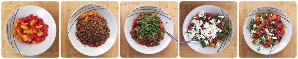 Ensalada de lentejas, tomates y rúcula
