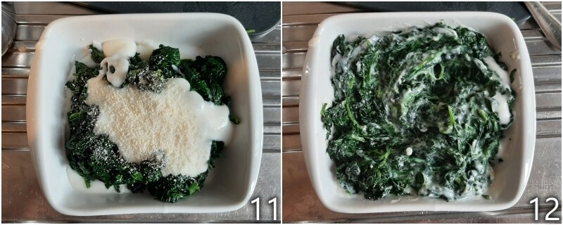 f. condimentar las espinacas con bechamel y parmesano