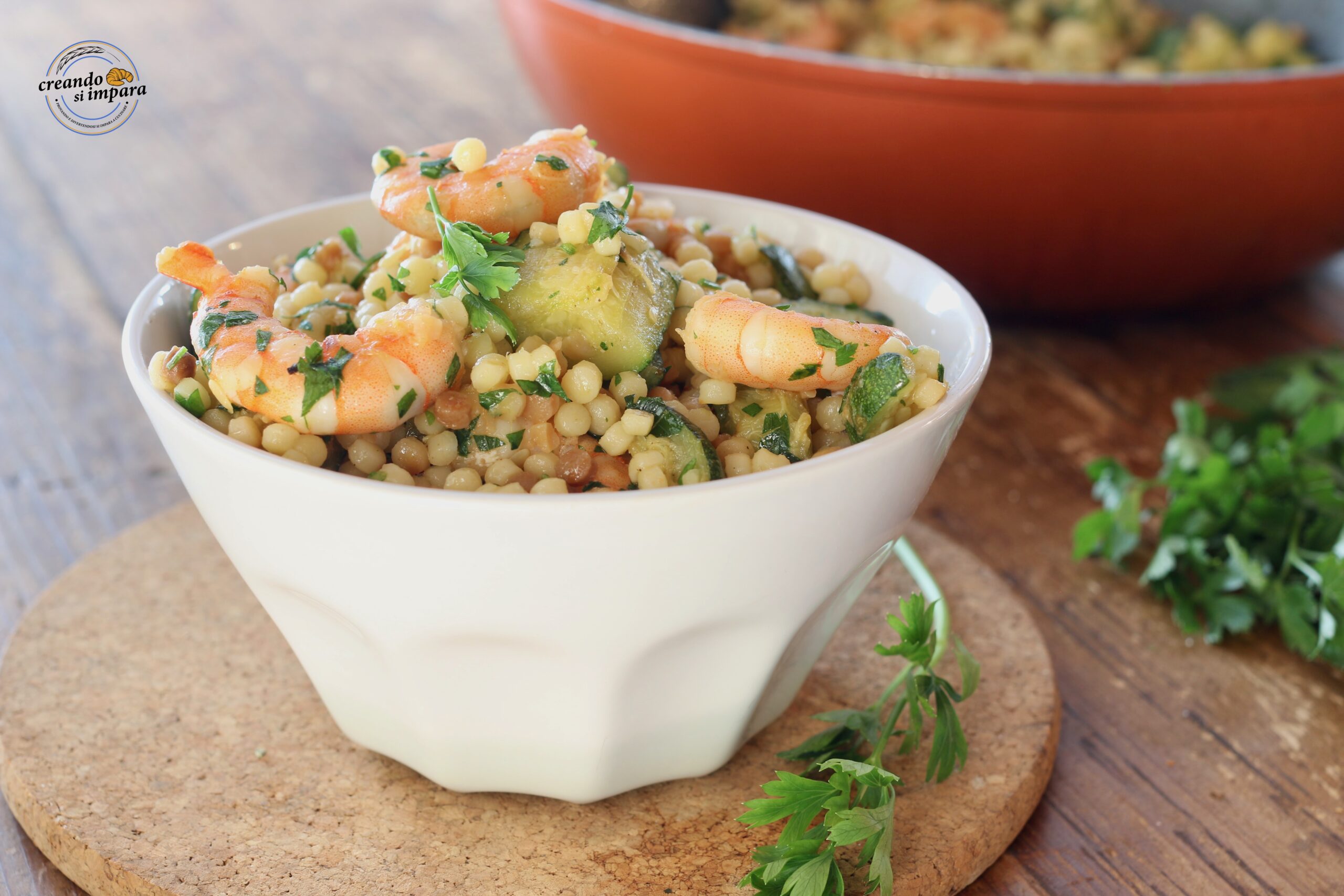 Fregula con gambas y calabacines