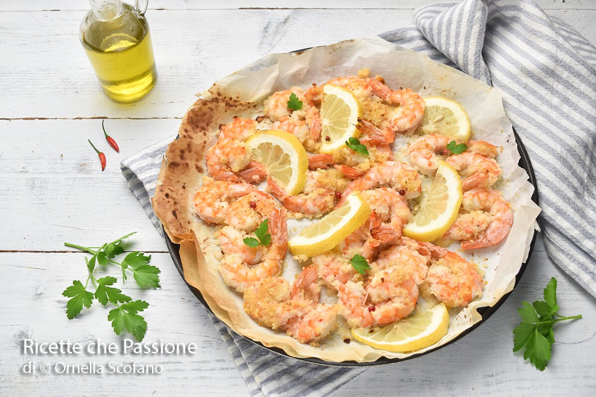 Gambas gratinadas con limón y pimienta rosa