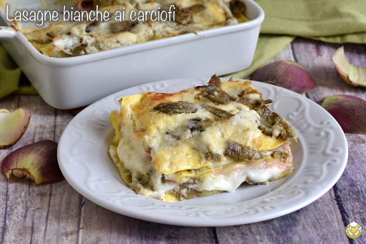 Lasañas blancas con alcachofas y jamón cocido