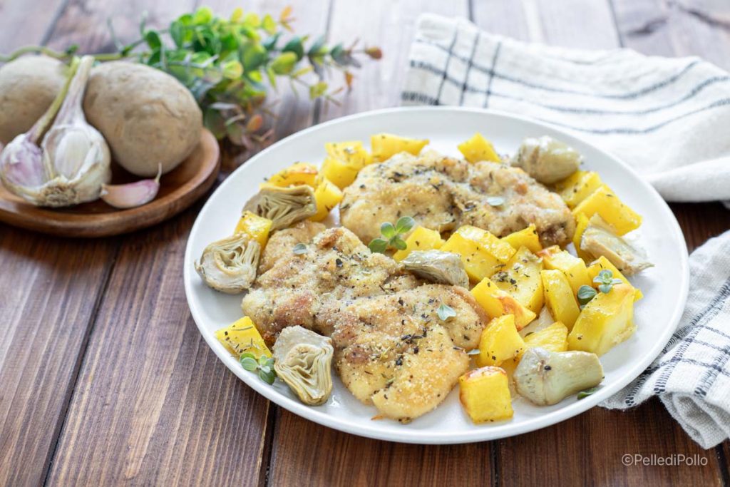 muslos de pollo con patatas y alcachofas