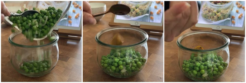 Risoni con guisantes en cocción al vacío