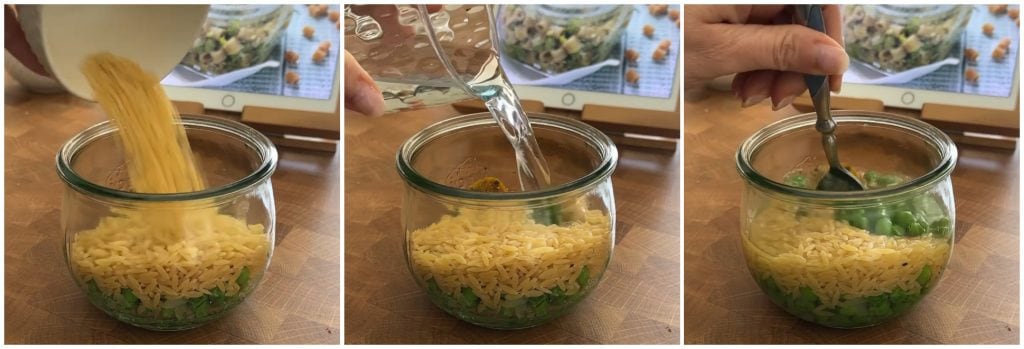 Risoni con guisantes en cocción al vacío