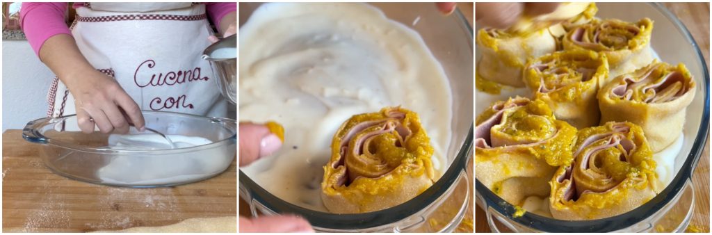 Rollitos de lasaña de calabaza y mortadela