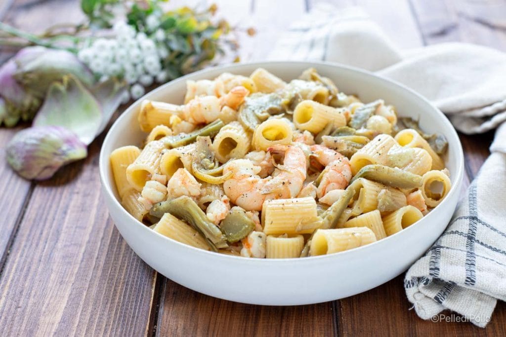 pasta gambas y alcachofas