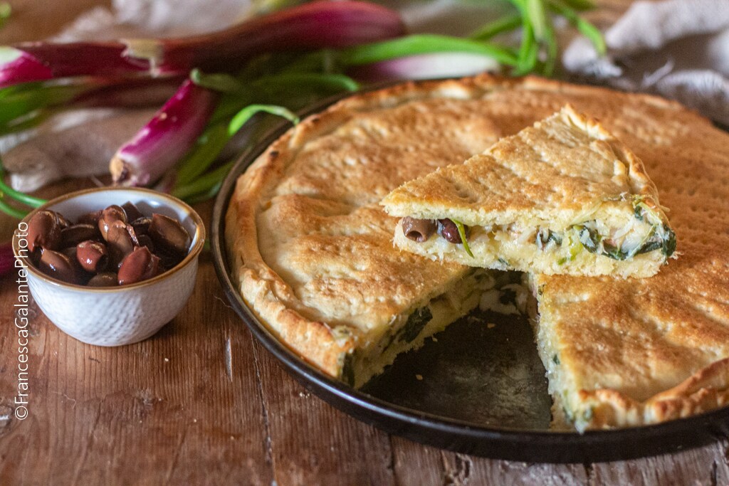Pastel de Altamura con bacalao y cebolletas