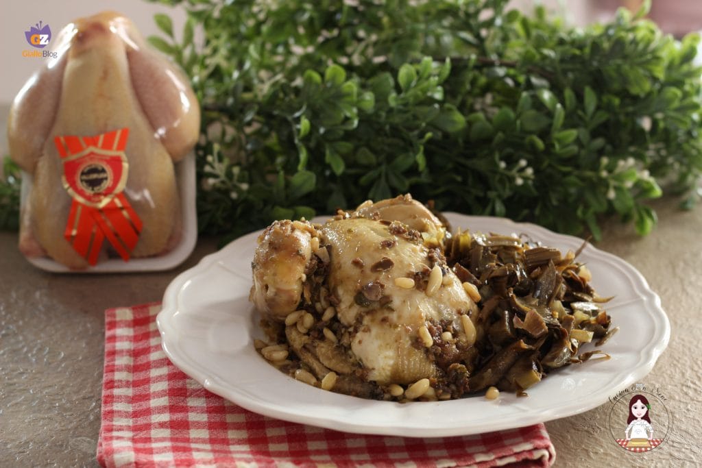 Pollo al estilo ligur con alcachofas salteadas