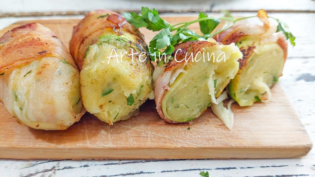 ROLLITOS de BACON con CALABACINES y PATATAS