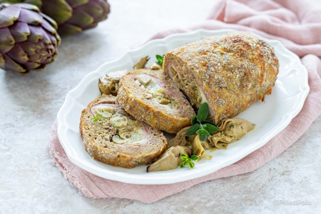 rollo de carne relleno de alcachofas