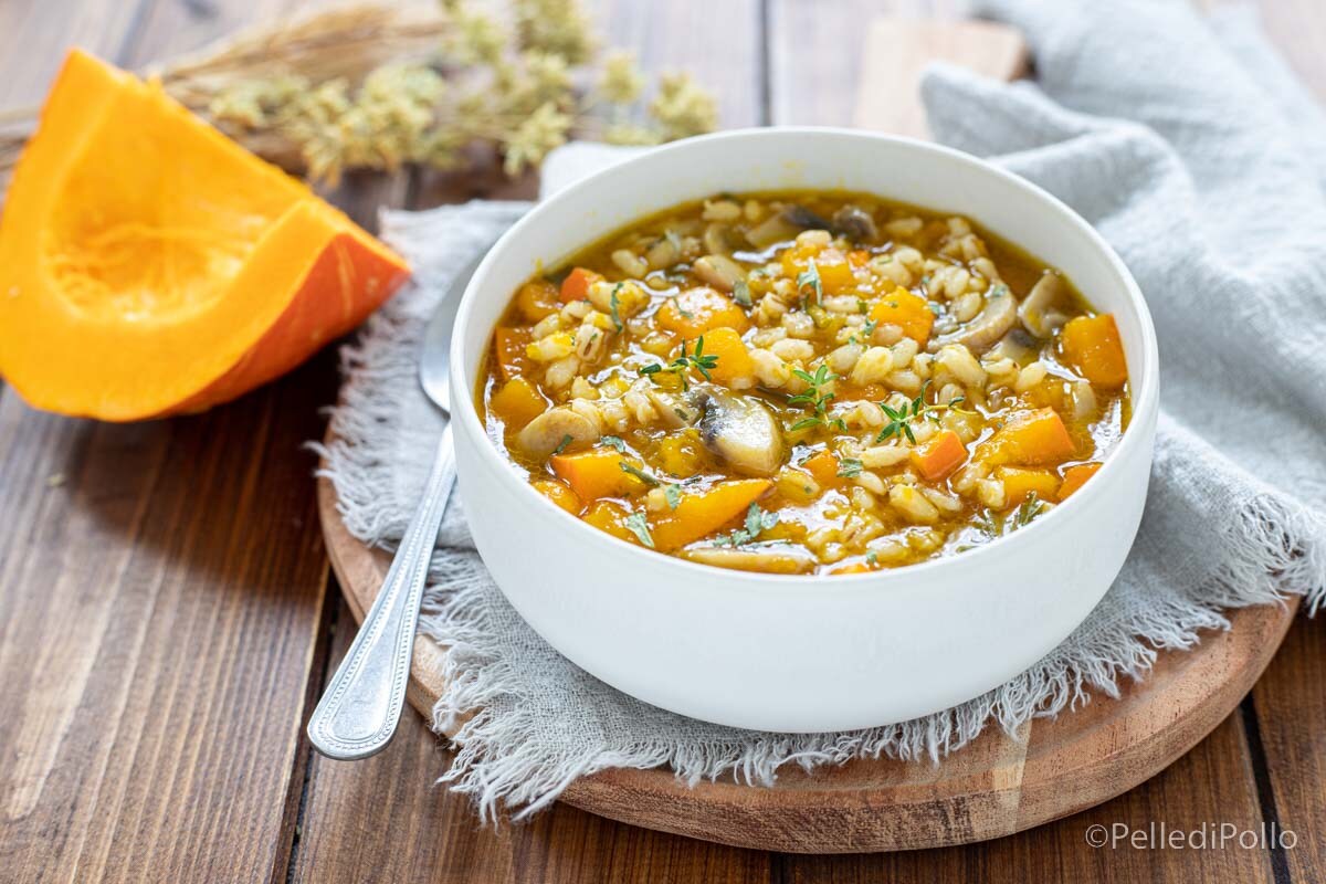 Sopa de cebada, calabaza y setas