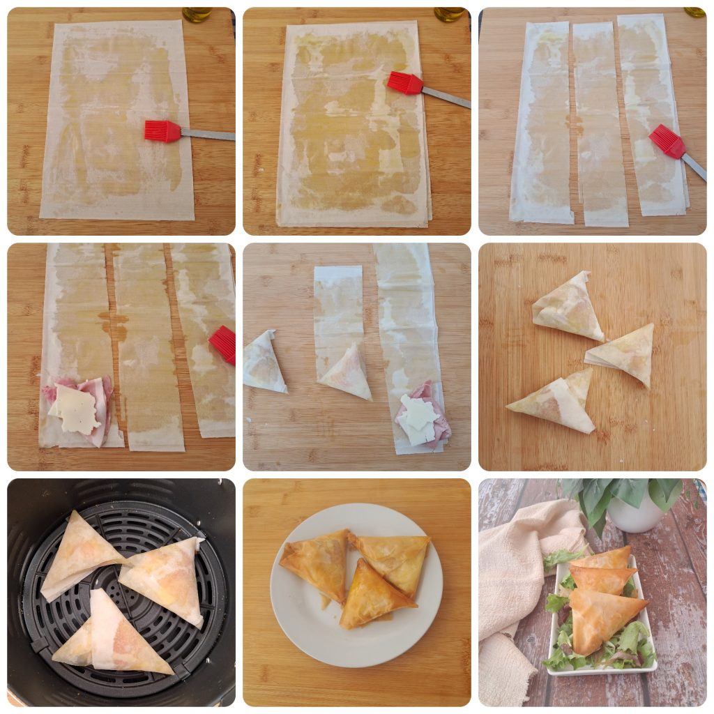 Triángulos de pasta filo con jamón y queso