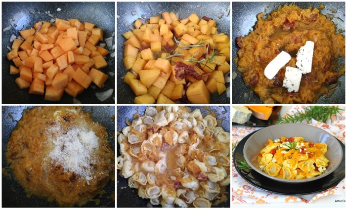 Tortellini con calabaza, gorgonzola y tomates secos