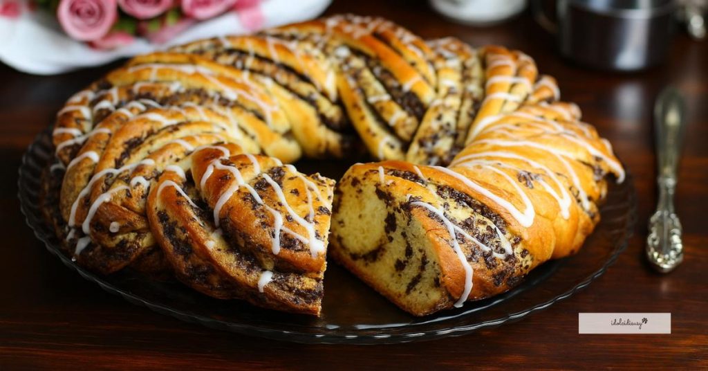 Rebanada de torta trenzada esponjosa con trozos de chocolate y glaseado blanco