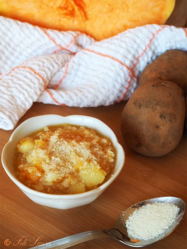Sopa de arroz, calabaza y patatas