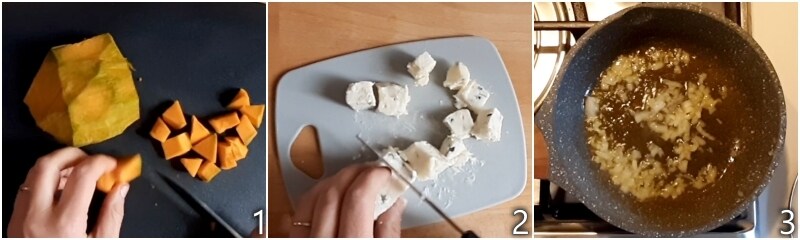 a. cortar calabaza y gorgonzola en cubos