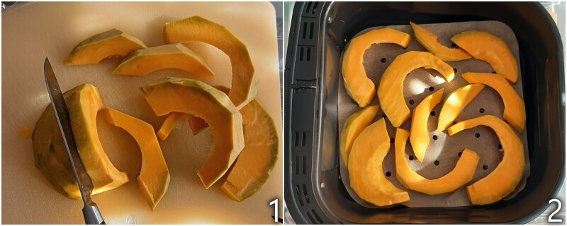 a. cortar la calabaza delica o mantovana en rodajas gruesas